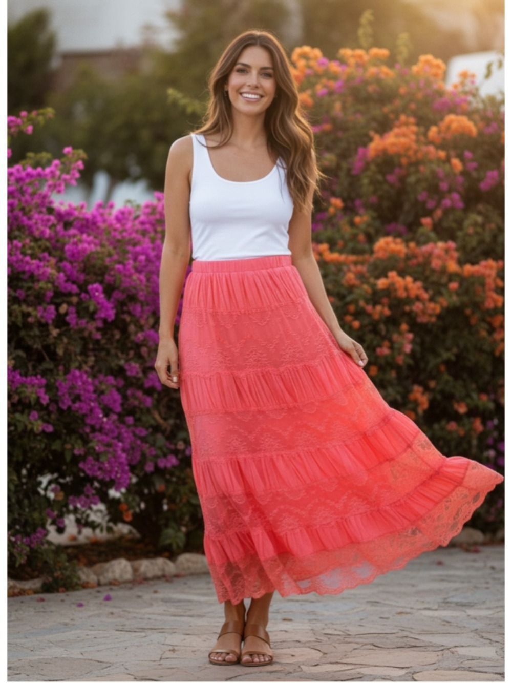 Lapis Coral Lace Tiered Maxi Skirt Size S